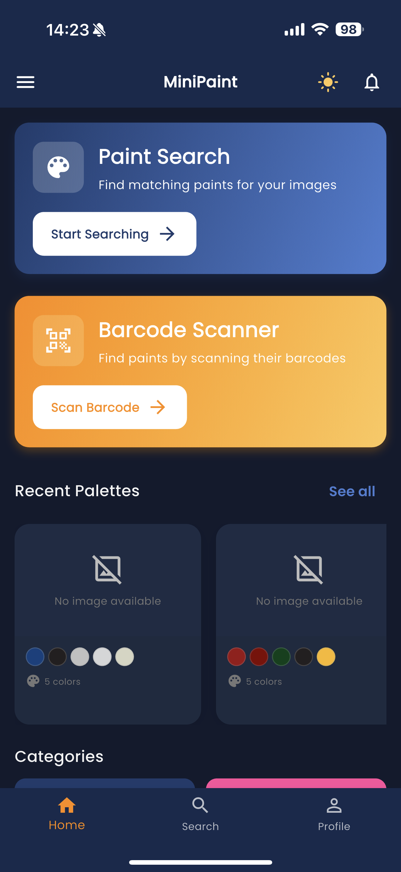Paint-Finder app screenshot: Color Match feature showing paint color detection