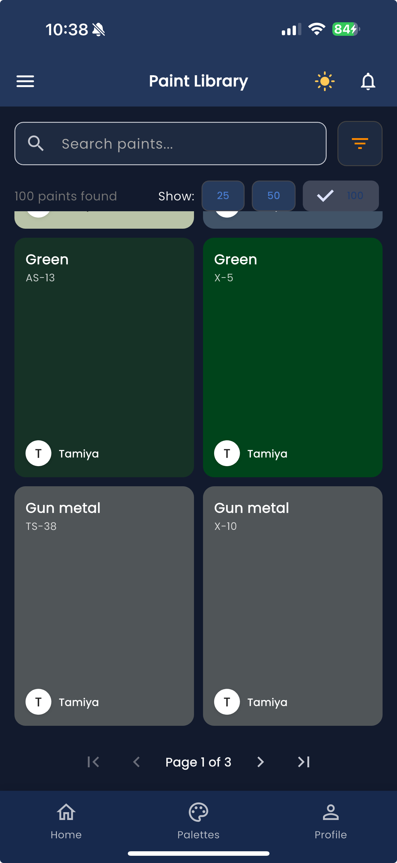 Paint-Finder app screenshot: Paint Library feature showing organized paint collection