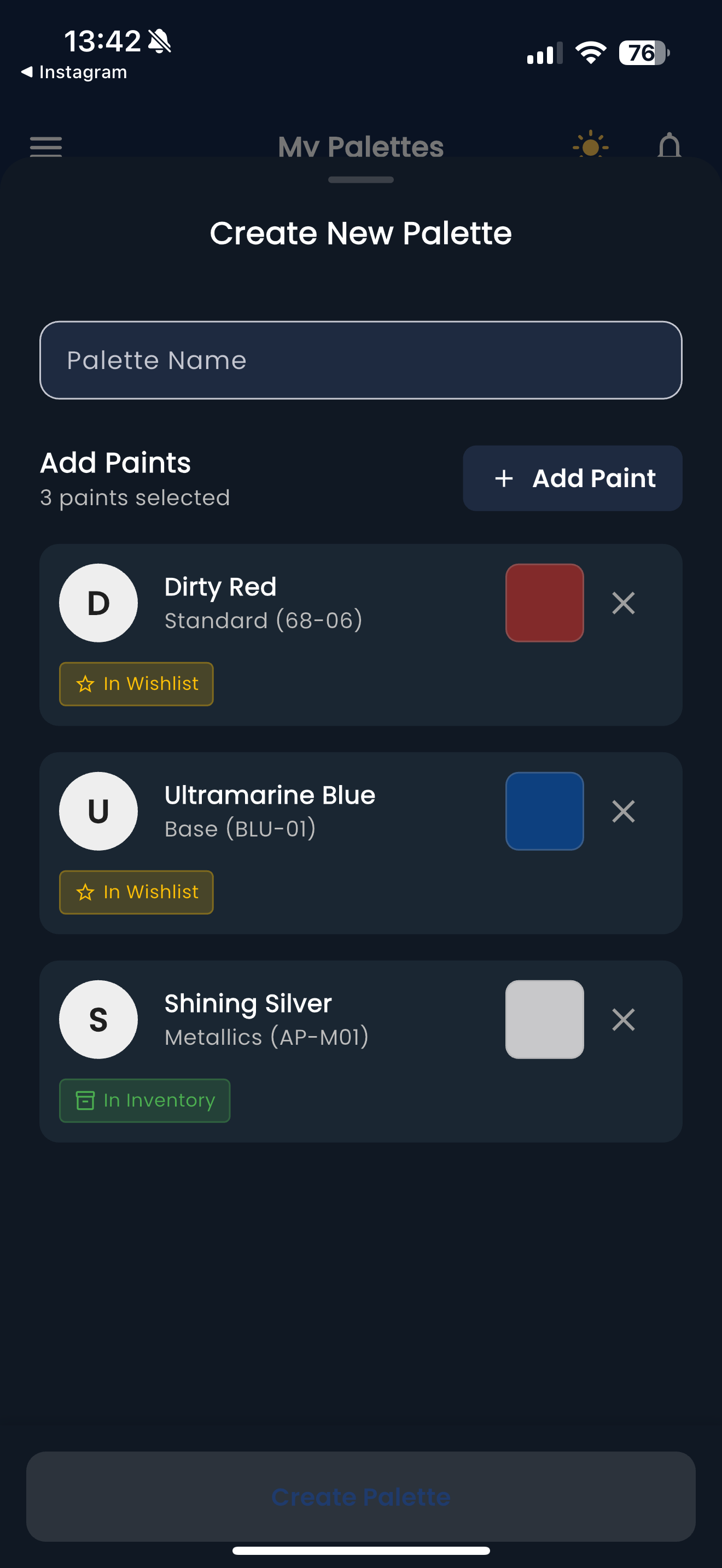 Paint-Finder app screenshot: Your Palettes feature showing saved color collections
